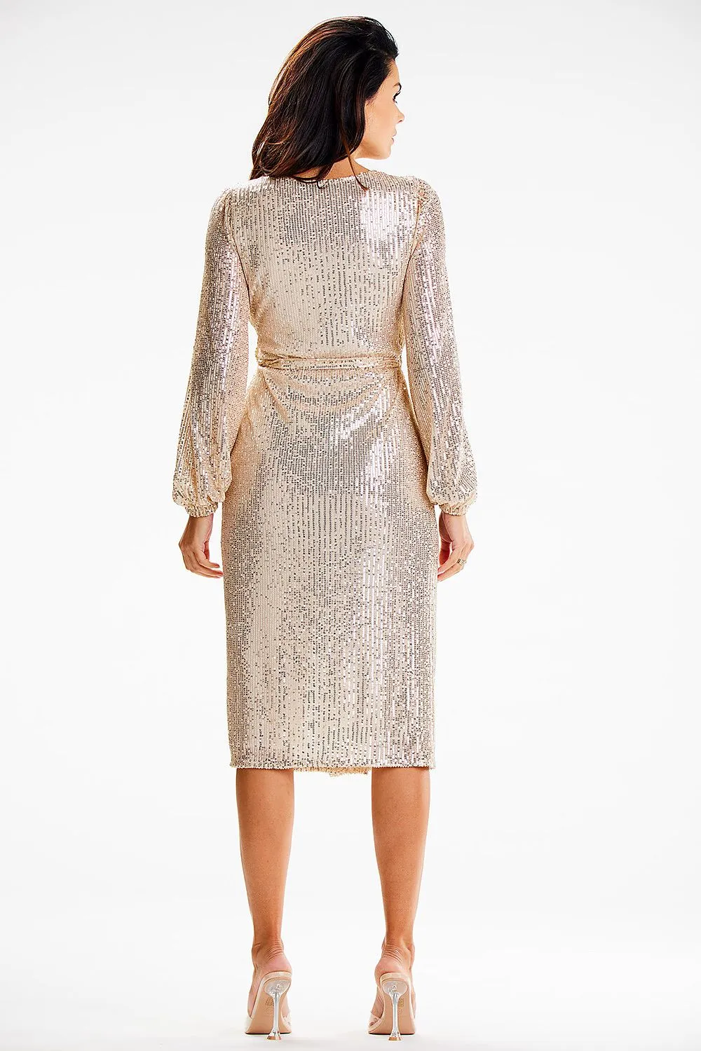 Women's Black Sequin Midi Evening Dress with Long Sheer Sleeves and Tie Waist