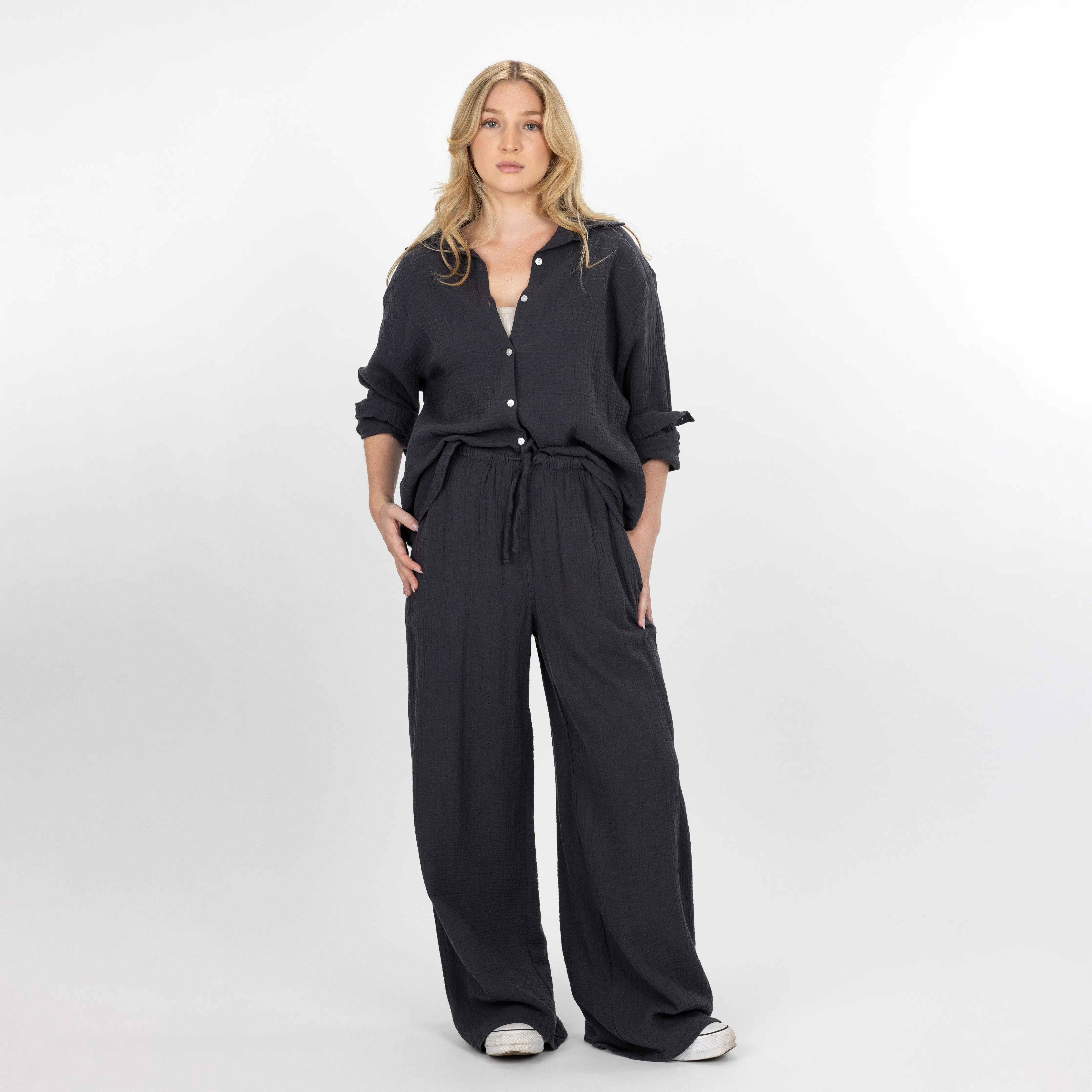 Womens Cotton Double Gauze Pants - Raven