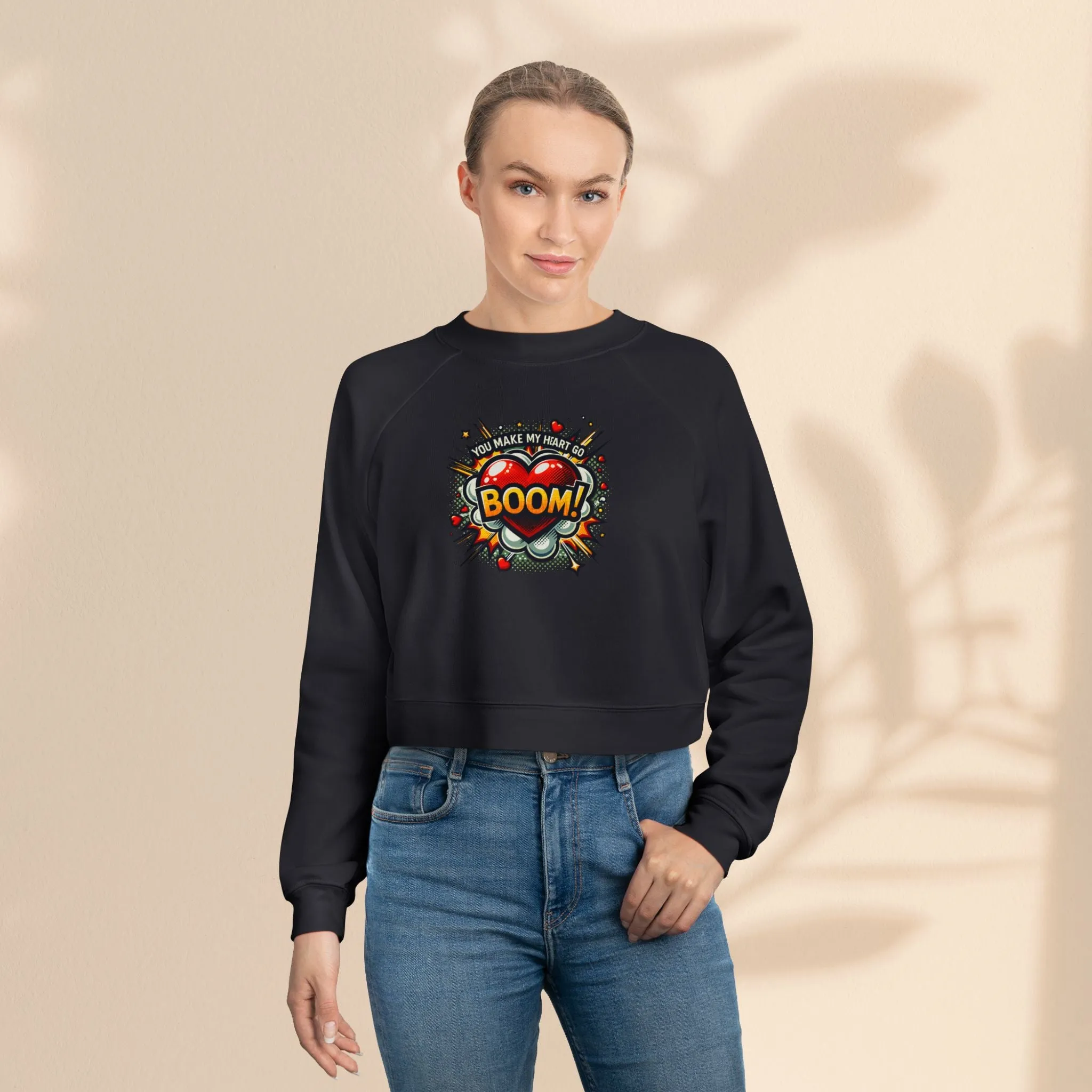 Women's Cropped Fleece Pullover - You Make My Heart Go Boom