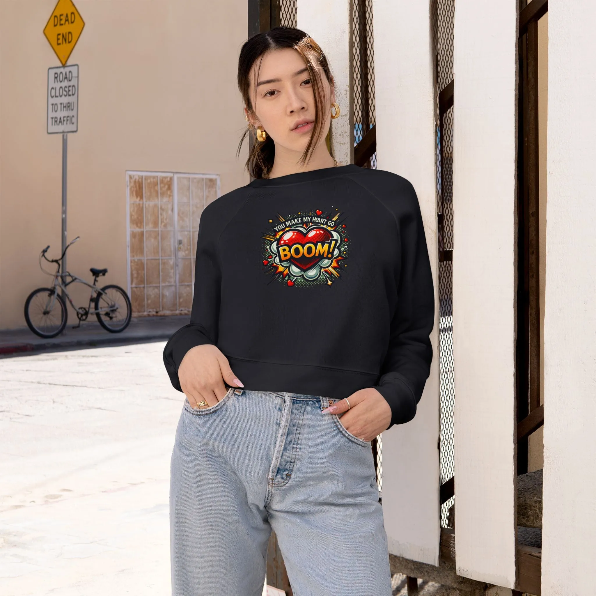 Women's Cropped Fleece Pullover - You Make My Heart Go Boom