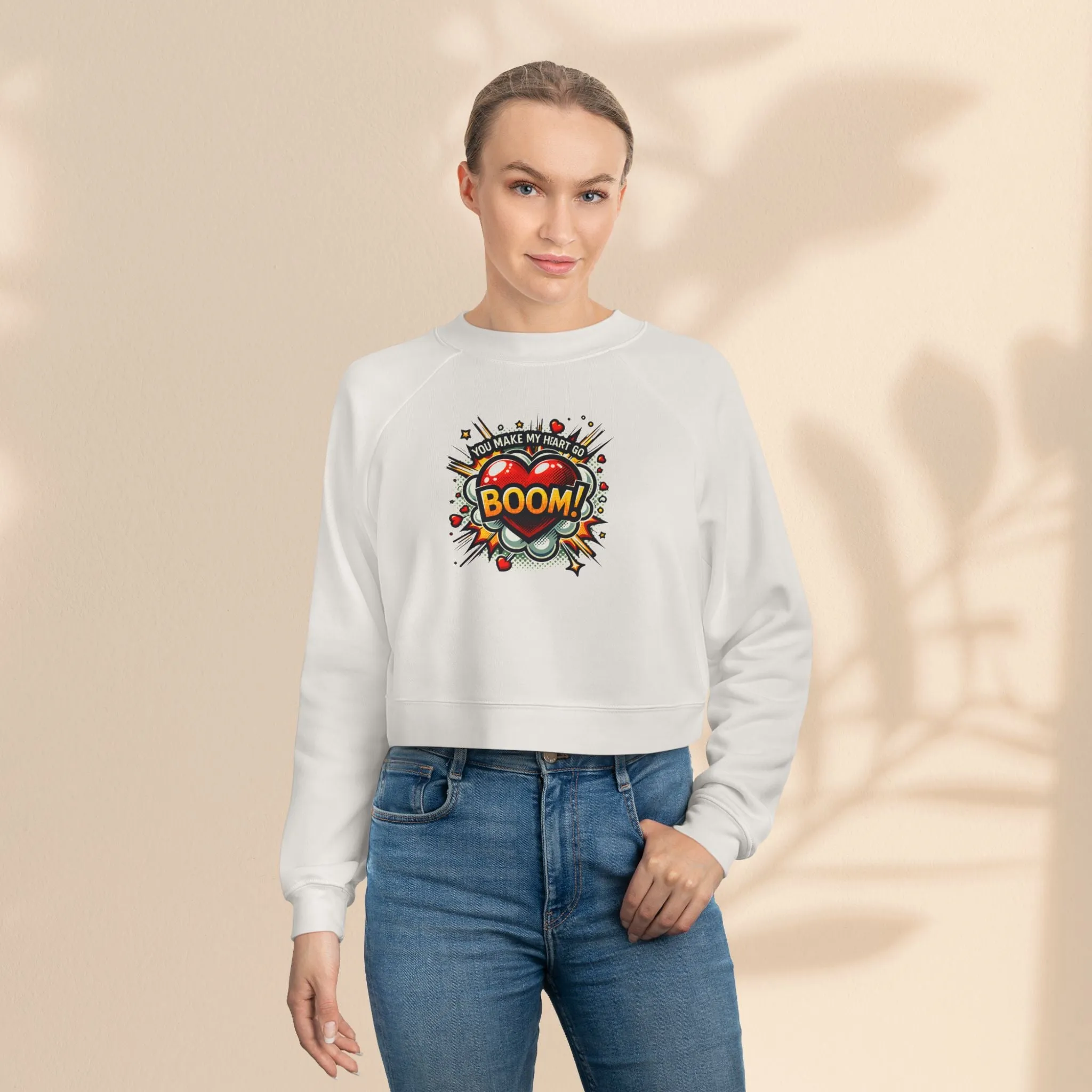 Women's Cropped Fleece Pullover - You Make My Heart Go Boom