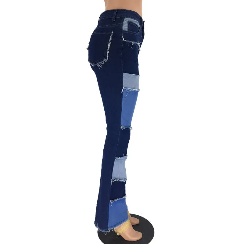 Women's Patchwork Multi-Colored Denim Blue Jeans