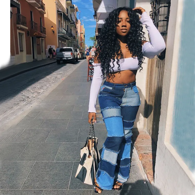 Women's Patchwork Multi-Colored Denim Blue Jeans