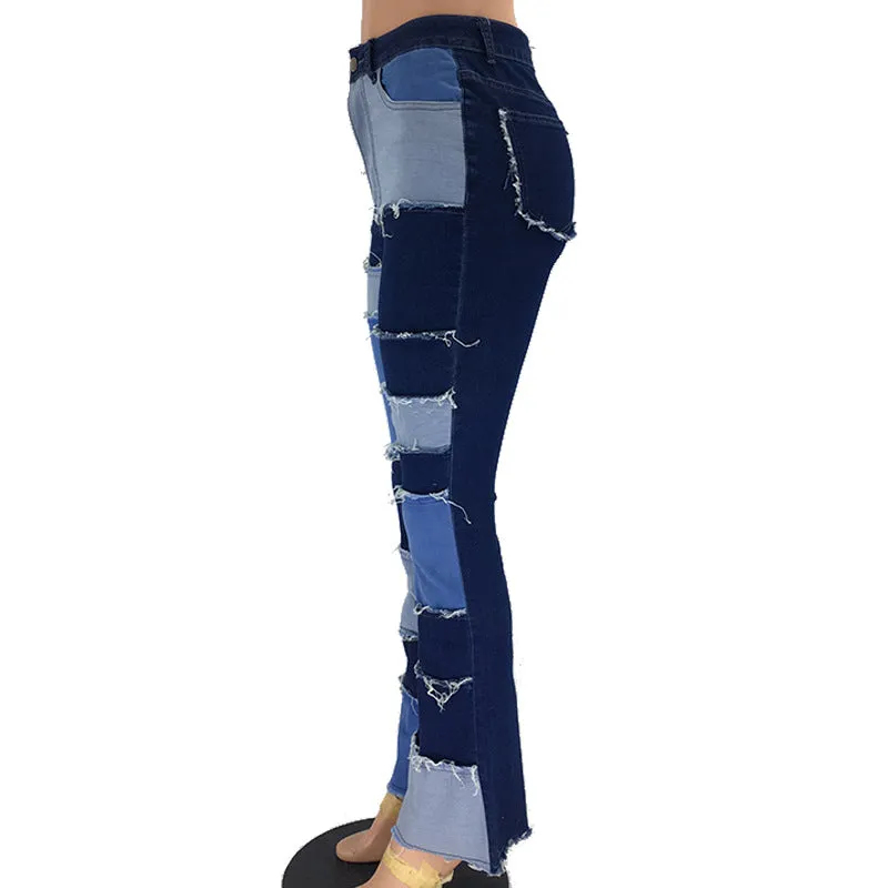 Women's Patchwork Multi-Colored Denim Blue Jeans
