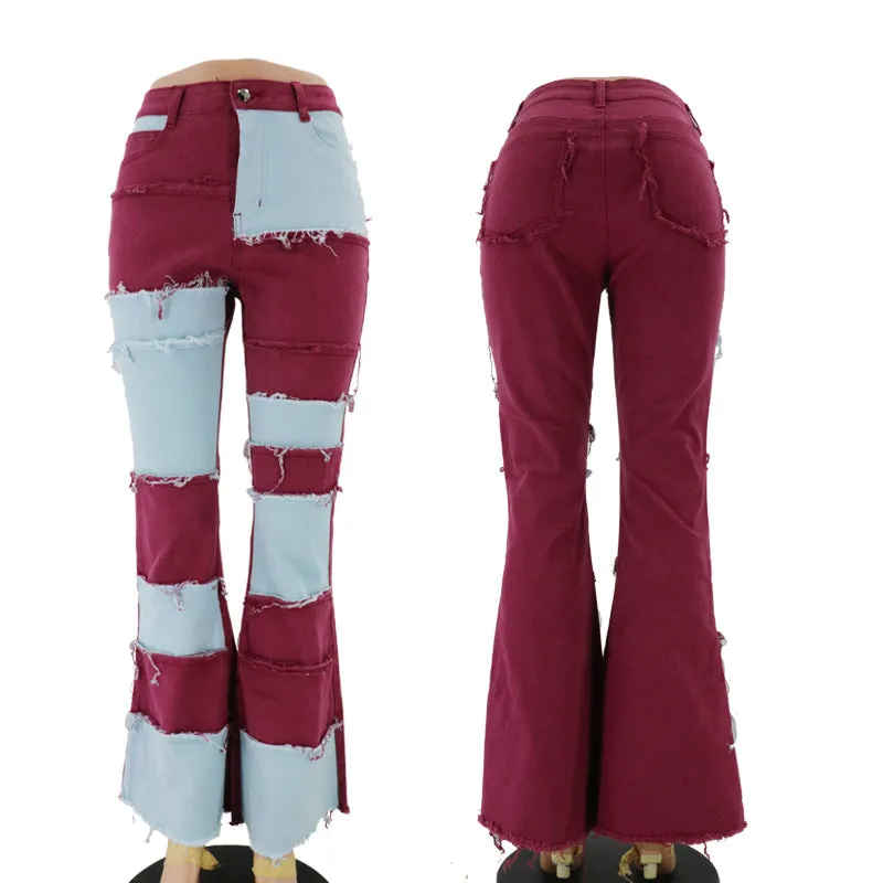 Women's Patchwork Multi-Colored Denim Blue Jeans