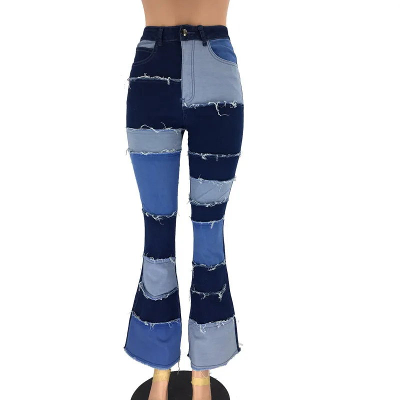 Women's Patchwork Multi-Colored Denim Blue Jeans