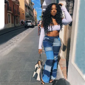 Women's Patchwork Multi-Colored Denim Blue Jeans