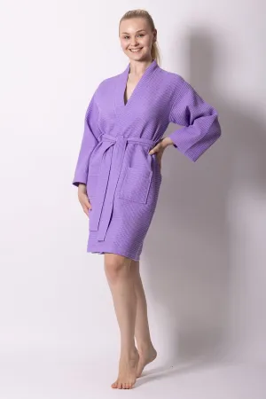 Women's Waffle Kimono Bathrobe, Stylish Knee Length Robe, Luxury Cotton Turkish & Comfort, (Lavender)