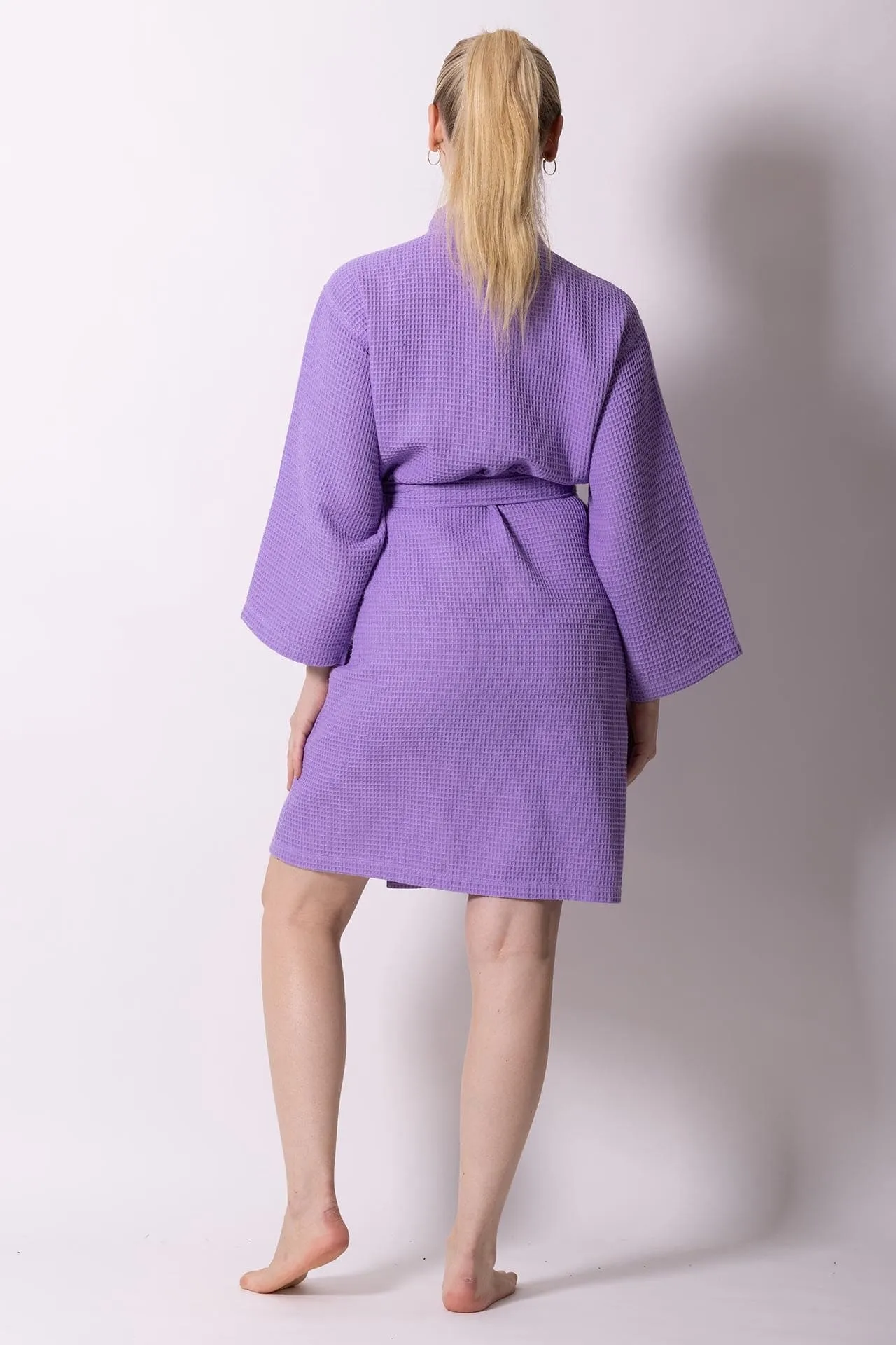Women's Waffle Kimono Bathrobe, Stylish Knee Length Robe, Luxury Cotton Turkish & Comfort, (Lavender)