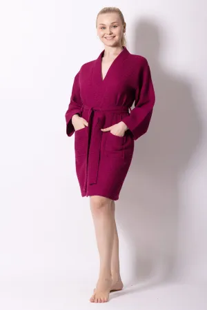 Women's Waffle Kimono Bathrobe, Stylish Knee Length Robe, Luxury Cotton Turkish & Comfort, (Wine Red)