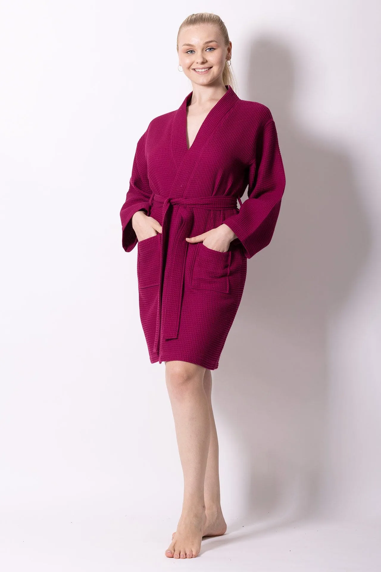 Women's Waffle Kimono Bathrobe, Stylish Knee Length Robe, Luxury Cotton Turkish & Comfort, (Wine Red)