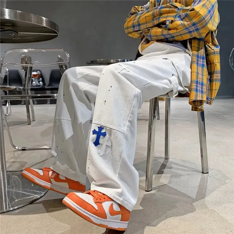 Y2K Custom Jeans with Cross - Retro and Modern Streetwear
