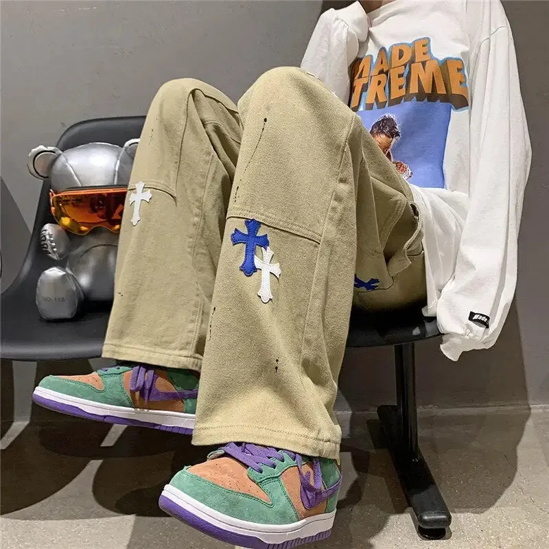 Y2K Custom Jeans with Cross - Retro and Modern Streetwear