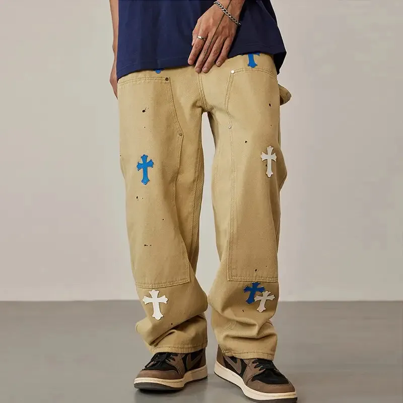 Y2K Custom Jeans with Cross - Retro and Modern Streetwear