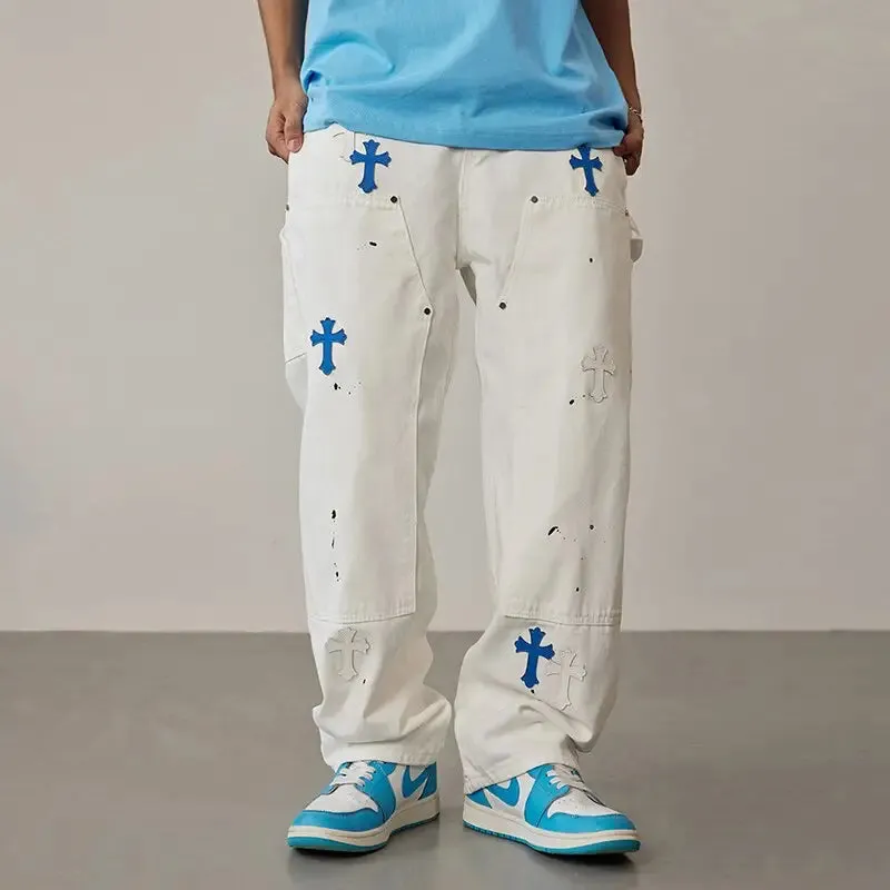 Y2K Custom Jeans with Cross - Retro and Modern Streetwear