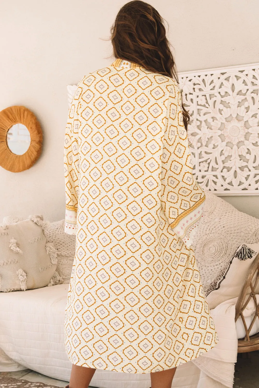 Yellow Bohemian Geometric Printed Loose Sleeve Long Kimono