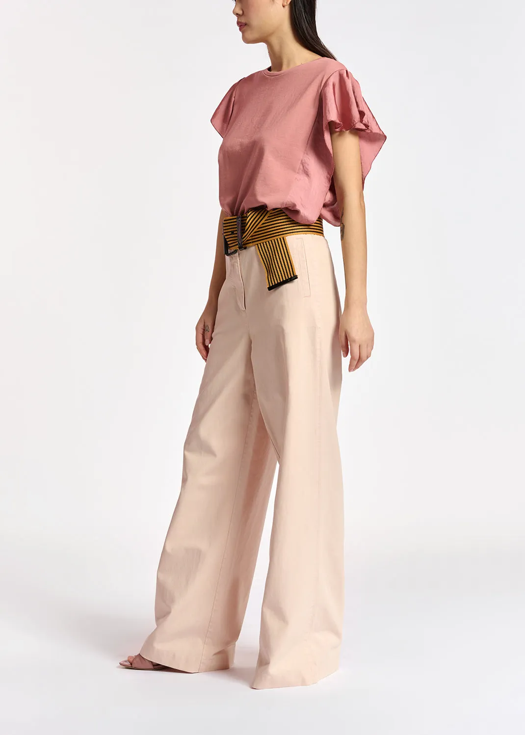 Yellow cotton-jersey t-shirt with satin sleeves