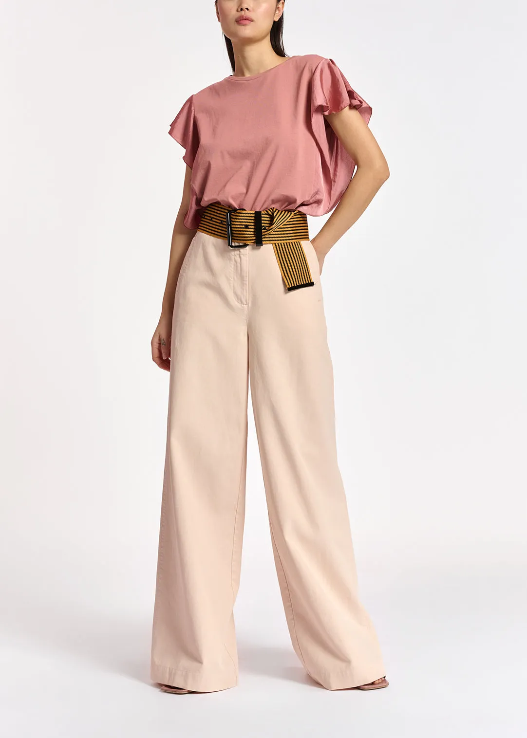 Yellow cotton-jersey t-shirt with satin sleeves