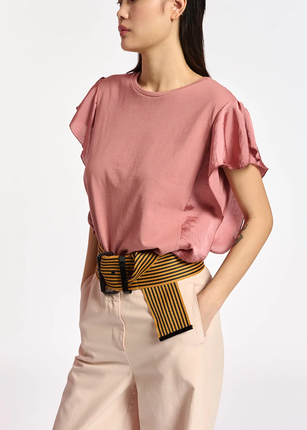 Yellow cotton-jersey t-shirt with satin sleeves