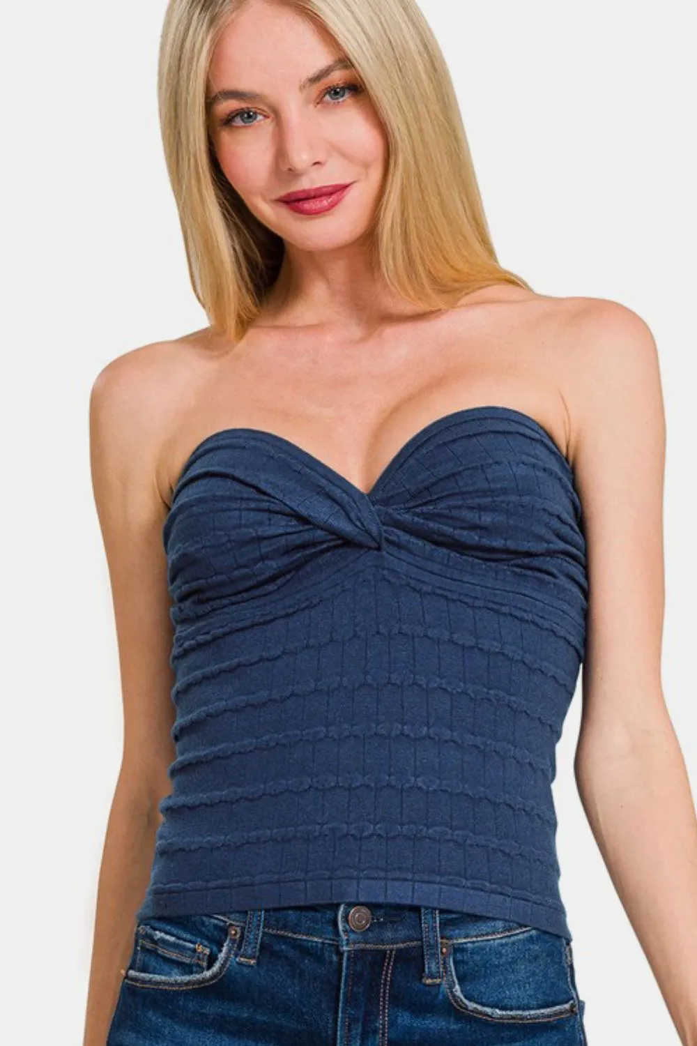 Zenana Ruched Twisted Sweetheart Neck Top S-L