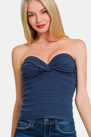 Zenana Ruched Twisted Sweetheart Neck Top S-L